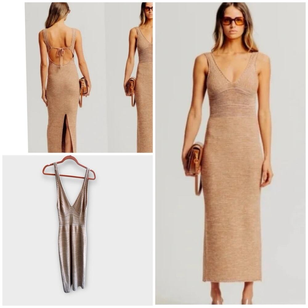 NEW Torn by Ronny Kobo Backless Tan Crochet Knit Dress, Large